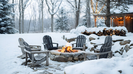 Winter wonderland retreat with a crackling stone fire pit surrounded by Adirondack chairs offering a cozy outdoor space to relax in a snowy picturesque landscape a charming log
