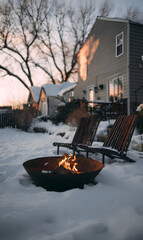 Cozy winter backyard scene with fire pit and chairs inviting home relaxation during the snowy season displaying a warm glow reflecting on snow covered neighborhood adding rustic