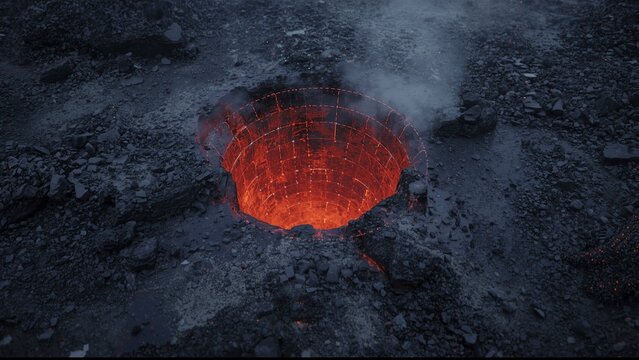 AI guided autonomous inspection rover traversing geothermal vent field collecting glowing thermal data overlays in contrast environment