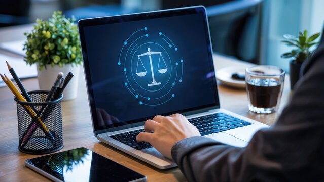 Lawyer using laptop with justice scales icon, symbolizing legal technology and online law services
