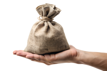 A burlap sack full of money held in a hand isolated on transparent background, symbolizing wealth, fortune, and financial success