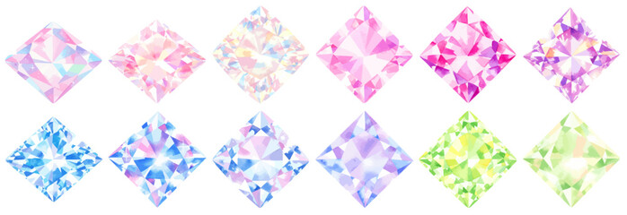 カラフルな四角い菱形の宝石の水彩ベクターイラストセット / ダイヤモンド	