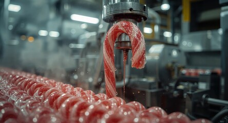 A candy cane being processed by a machine with rows of candy canes in the background production line