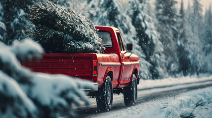 Vintage red pickup truck carrying a freshly cut christmas tree through a snowy winter wonderland forest delivering holiday cheer and festive spirit through idyllic countryside