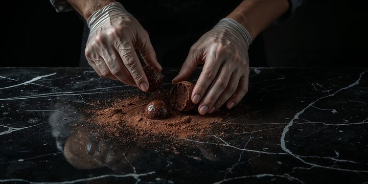 Hands in gloves preparing chocolate truffles on a dark marble surface with cocoa powder dusting them