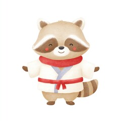 Adorable Raccoon in Karate Gi,Smiling Cheerfully, Watercolor Clipart