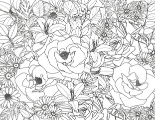 Abstract floral background. Coloring page for adults and children. Branches with leaves and flowers on a white background.