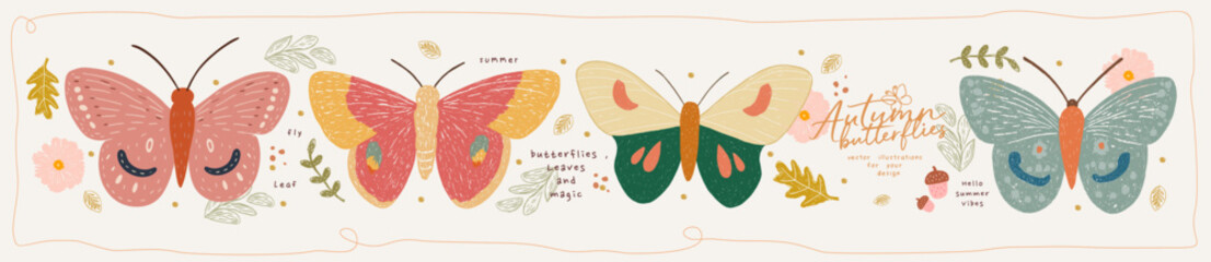 Fototapeta na wymiar Autumn butterflies. Vector cute illustration of hand drawn butterfly, leaves, flower for background, poster or banner, kids design or greeting card