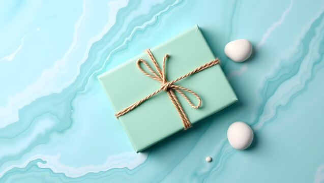 Gift box wrapped with book in brown ribbon on blue marble background — National Book Lovers' Day 