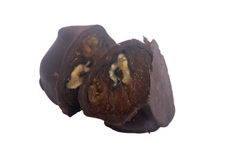 Chocolate bars with caramel and cookie on a white background. Front view on a chocolate bars
