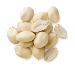 Pile of peeled peanuts close-up on a white background. Top view.