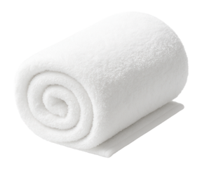 Rolled up soft white bath towel showcasing its fluffy texture on transparent background.