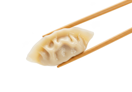 A single delicious gyoza dumpling held by chopsticks, isolated on transparent background