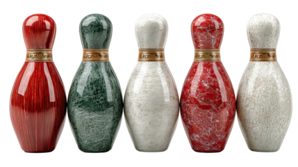 Bowling pins: Five vividly textured bowling pins lined up, showcasing vibrant colors and intricate designs. A striking visual.