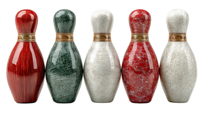 Bowling pins: Five vividly textured bowling pins lined up, showcasing vibrant colors and intricate designs. A striking visual.