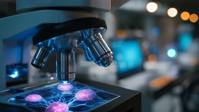 Microscope with a computer screen on it. The computer screen is displaying a picture of a cell. microscope focused on cancer cells, blue‑pink glow, soft lab light, break cancer cells, targeted therapy