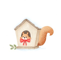 Adorable Watercolor Squirrel in Snowy Birdhouse, Wearing a Red Bow, Winter Wonderland Charm