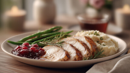 A cozy dinner setting features roasted turkey slices served with mashed sweet potatoes, steamed asparagus, and tart cranberry sauce. Soft ambient lighting enhances the inviting atmosphere.