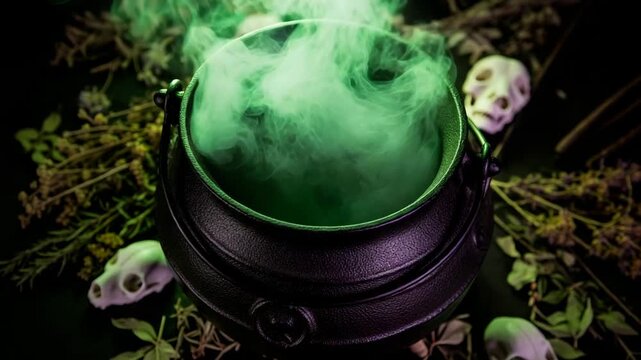 A mysterious potion simmers in a witch's cauldron surrounded by herbs and skulls - the perfect Halloween image.