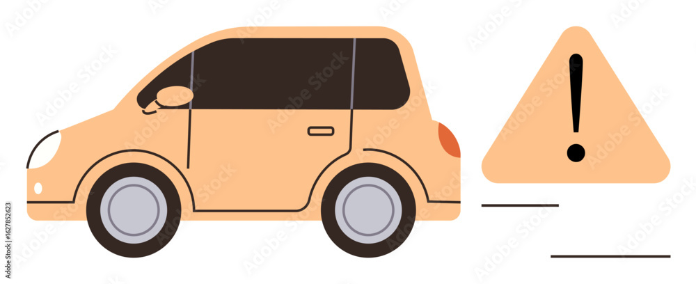 Poster compact orange car paired with a caution triangle and exclamation mark emphasizing driver attention.
