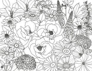 Abstract floral background. Coloring page for adults and children. Branches with leaves and flowers on a white background.