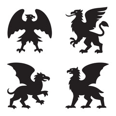 A set of four black silhouette illustrations of griffins white background. 