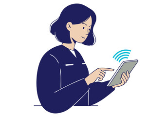 A young woman uses a tablet, connected by wireless signals, suggesting optimized movement and digital productivity. Modern, minimalist style.