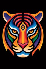 Colorful tiger face emerging from darkness, showing its power