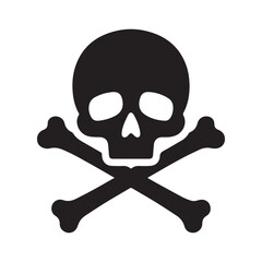  A stark graphic illustration of a skull and crossbones set against a crisp white background. 