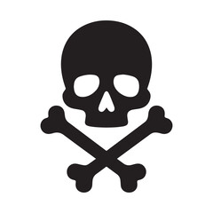  A stark graphic illustration of a skull and crossbones set against a crisp white background. 