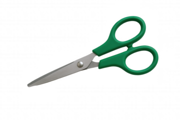 Sharp Metal Blades and Green Handles of a Pair of Scissors, Isolated on Black