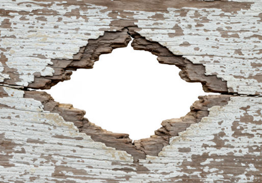 Closeup of a weathered old wood surface with peeling white paint and a diamondshaped hole isolated on transparent background
