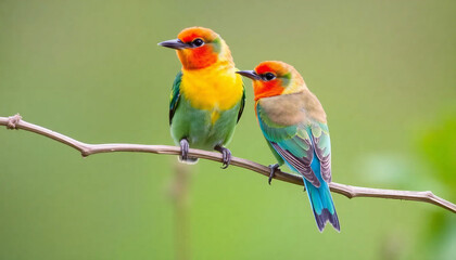 Fototapeta premium Generate a sharply focused photograph of two vibrant Chestnut-headed Bee-eaters perched closely together on a slender, bare branch against a softly blurred, light green natural background
