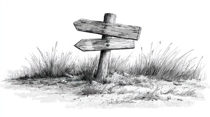 Naklejka premium Sketch of a rustic, weathered wooden signpost amidst tall grass and small rocks