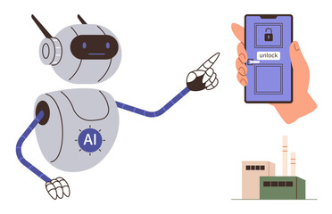 Friendly AI robot interacting with a smartphone displaying a security unlock icon, hinting at digital access to smart factory systems. Ideal for technology, AI, automation, cybersecurity, IoT, smart