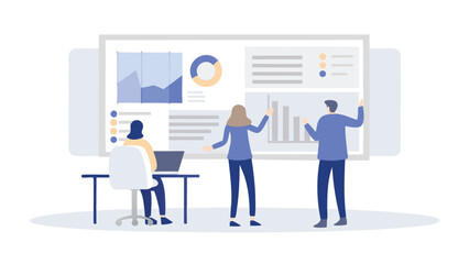 Team presenting data charts and graphs on a large screen in a business meeting environment setting scene