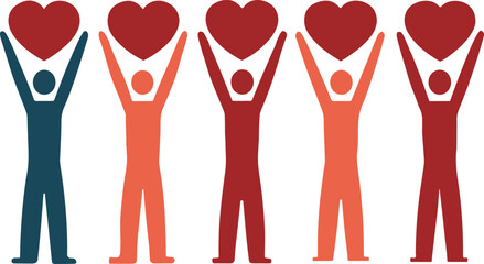 Five People in Silhouette Holding Red Hearts Upwards group unity