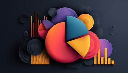 Colorful data visualizations on dark background.  Abstract pie charts and bar graphs layered with geometric shapes