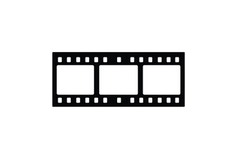 Fototapeta premium Camera film drawing. It is a black and white outline drawing of a film strip with three frames, representing classic photography, cinema, and captured moments. Vector sketch line art draw.