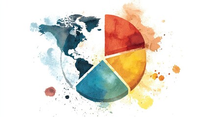 World map pie chart, watercolor style