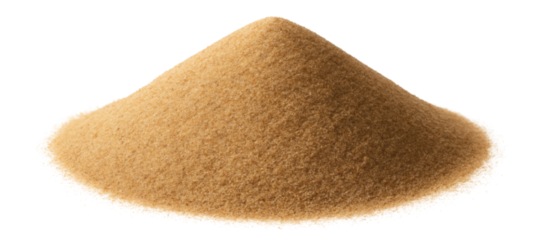 A close-up view of a pile of brown sugar on a white background showcasing its granular texture and fine grains, ideal for concepts of cooking and baking.