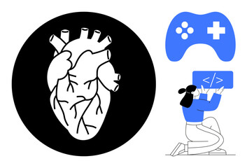 Anatomical heart in black circle, blue game controller with cross icon, kneeling woman debugging code. Ideal for tech, gaming, healthcare, education, innovation, STEM simple landing page