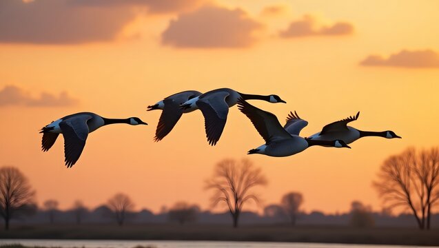 Canada geese flying in formation against a dramatic sunset sky - Powered by Adobe