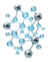 Obraz premium A stylized molecular structure with metallic and translucent blue spheres connected by rods, symbolizing chemical bonds and scientific research in chemistry or nanotechnology.