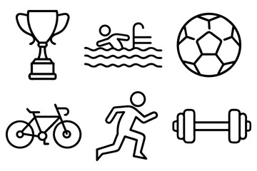  Trophy, Swimming, Soccer Ball, Bicycle, Running, and Dumbbell Line Icons