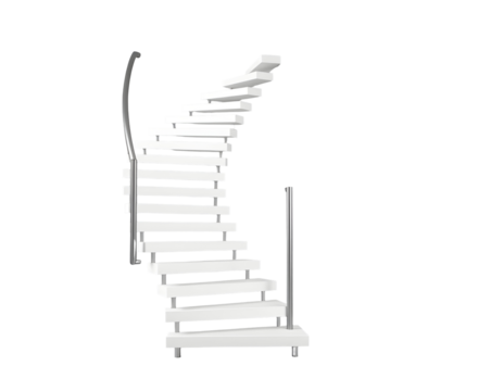 White modern spiral staircase with metal railings against transparent backdrop