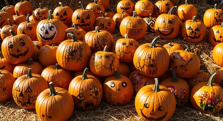 Halloween Scene of Pumpkin Pile with Various Expressions