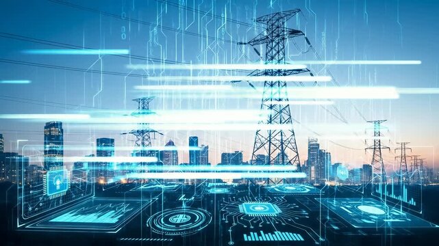Futuristic cityscape with power line digital interface technology, energy innovation, smart grid electricity, urban network, glowing blue overlay, modern infrastructure, and data driven connectivity - Powered by Adobe