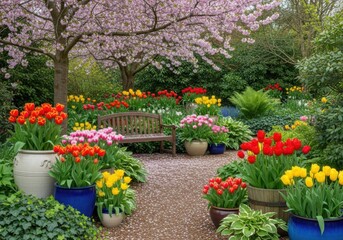 A tranquil garden scene with tulips and a blossoming tree