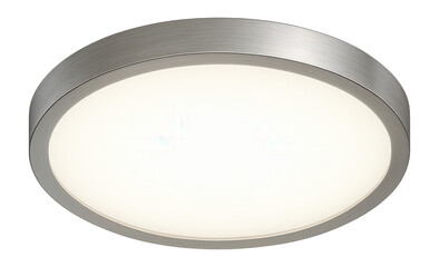 Modern circular LED ceiling light with a sleek metallic frame and frosted diffuser for uniform brightness on transparent background.